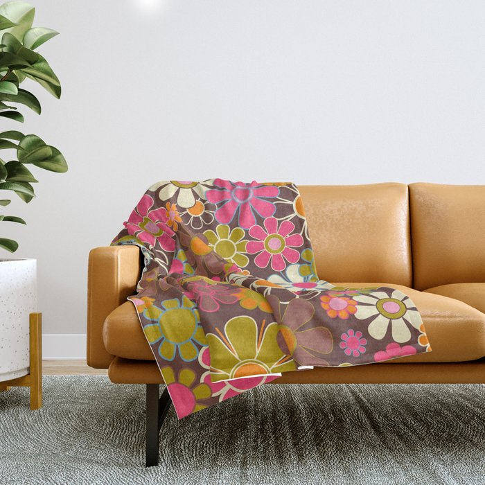 Groovy Retro Garden 60s 70s Floral Pattern Brown Avocado Pink Throw Blanket Gallery Image 1
