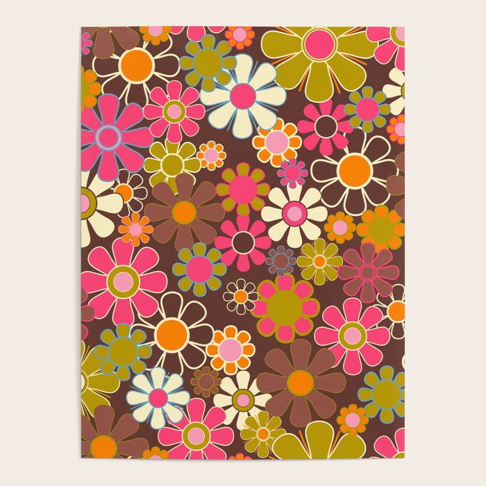 Groovy Retro Garden 60s 70s Floral Pattern Brown Avocado Pink Poster Gallery Image 4