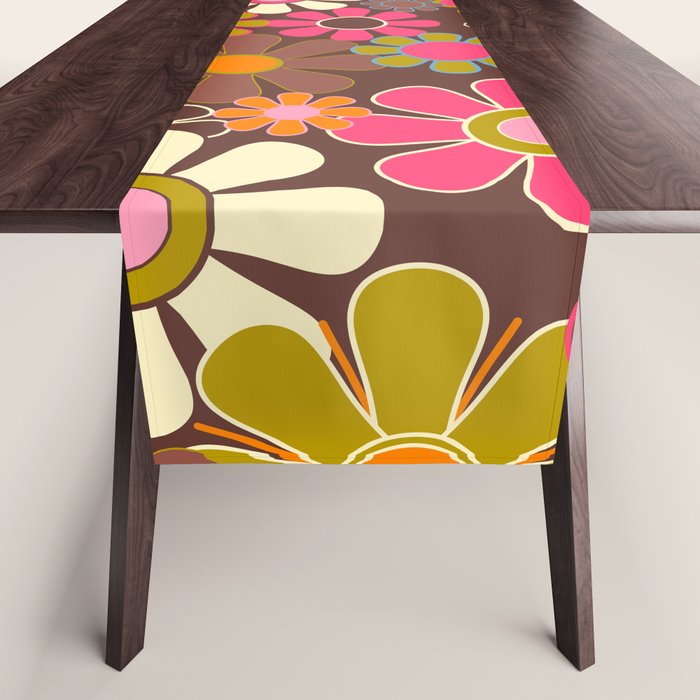 Groovy Retro Garden 60s 70s Floral Pattern Brown Avocado Pink Table Runner Gallery Image 1