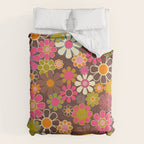 Groovy Retro Garden 60s 70s Floral Pattern Brown Avocado Pink Comforter Gallery Image 6
