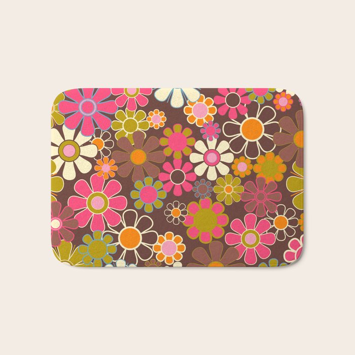 Groovy Retro Garden 60s 70s Floral Pattern Brown Avocado Pink Bath Mat Gallery Image 1