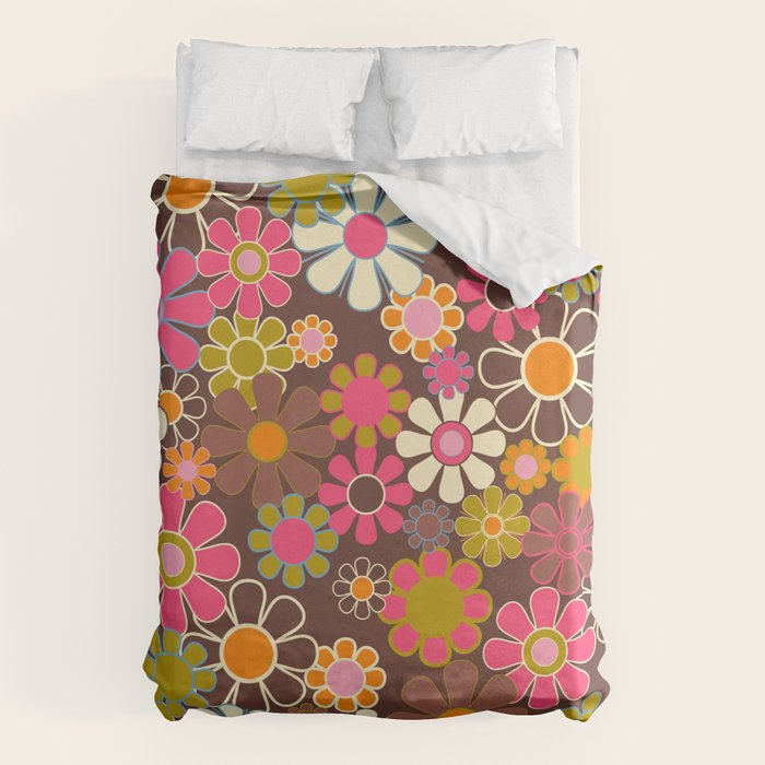 Groovy Retro Garden 60s 70s Floral Pattern Brown Avocado Pink Duvet Cover Gallery Image 1
