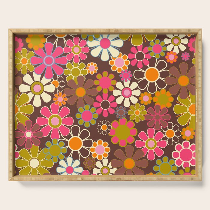 Groovy Retro Garden 60s 70s Floral Pattern Brown Avocado Pink Serving Tray Gallery Image 1
