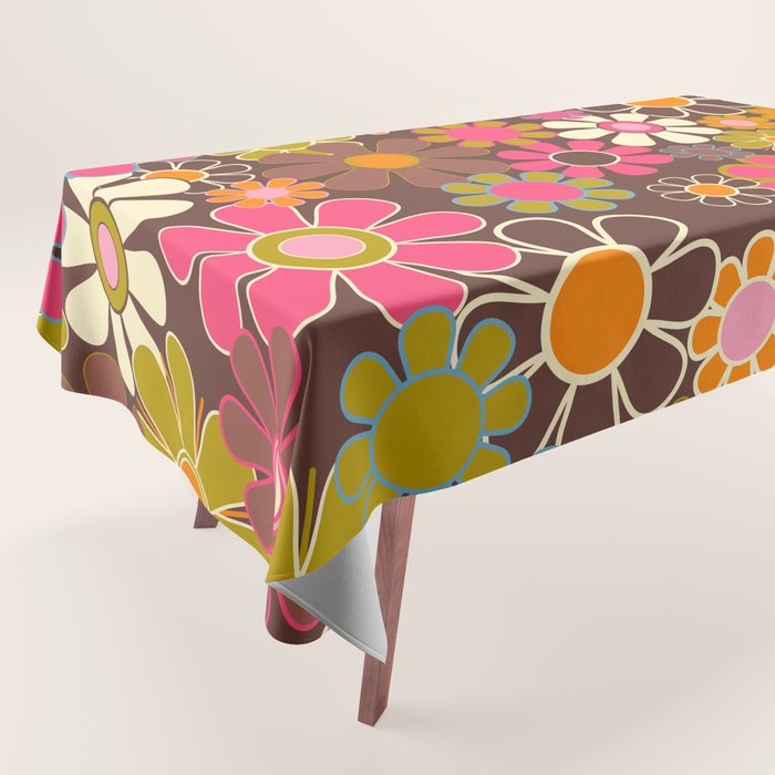 Groovy Retro Garden 60s 70s Floral Pattern Brown Avocado Pink Tablecloth Gallery Image 1