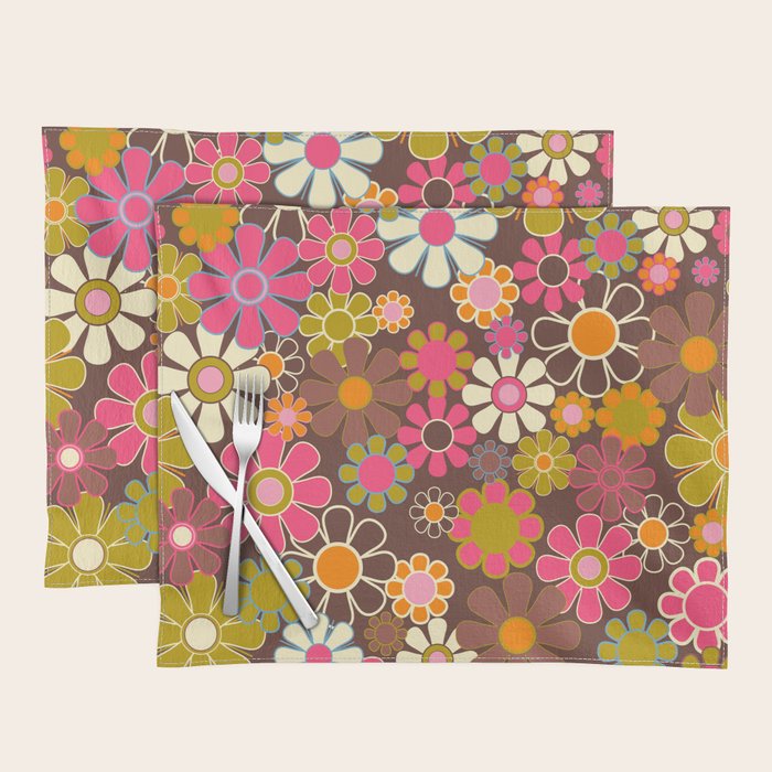Groovy Retro Garden 60s 70s Floral Pattern Brown Avocado Pink Placemat Gallery Image 1