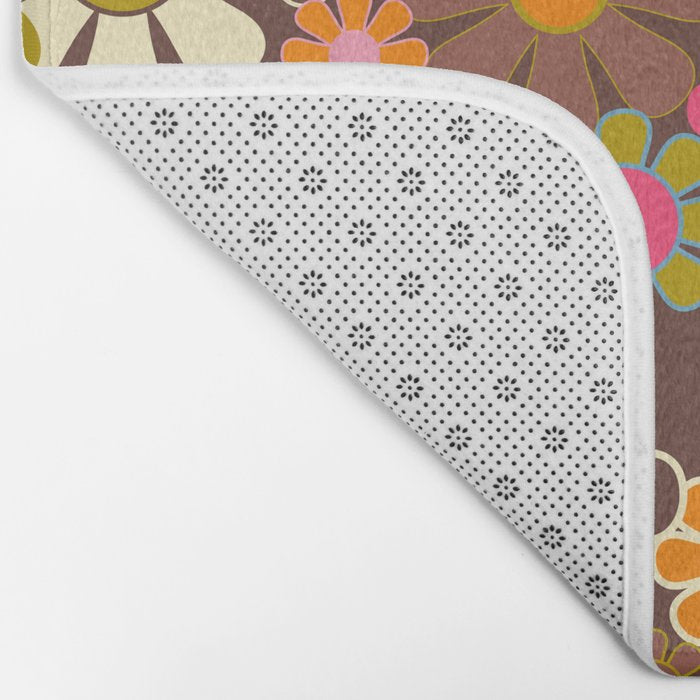Groovy Retro Garden 60s 70s Floral Pattern Brown Avocado Pink Bath Mat Gallery Image 2