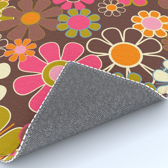Groovy Retro Garden 60s 70s Floral Pattern Brown Avocado Pink Rug Gallery Image 4