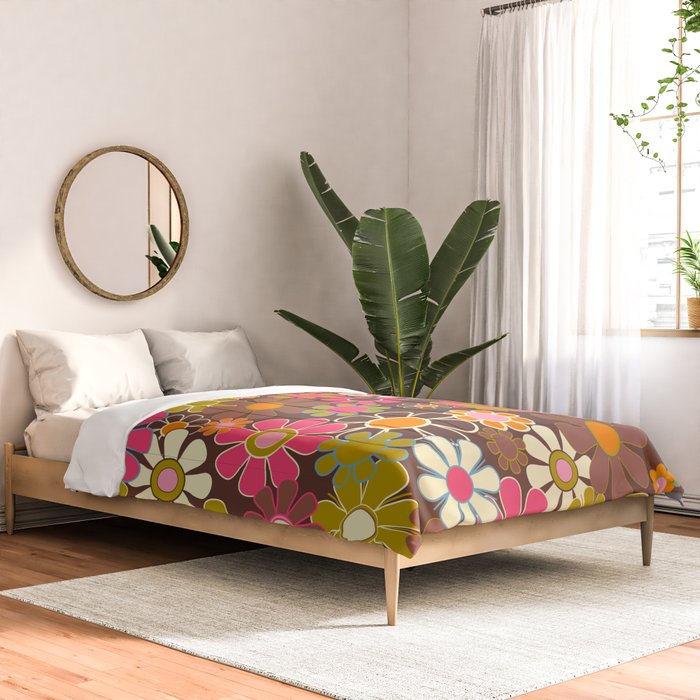 Groovy Retro Garden 60s 70s Floral Pattern Brown Avocado Pink Comforter Gallery Image 2
