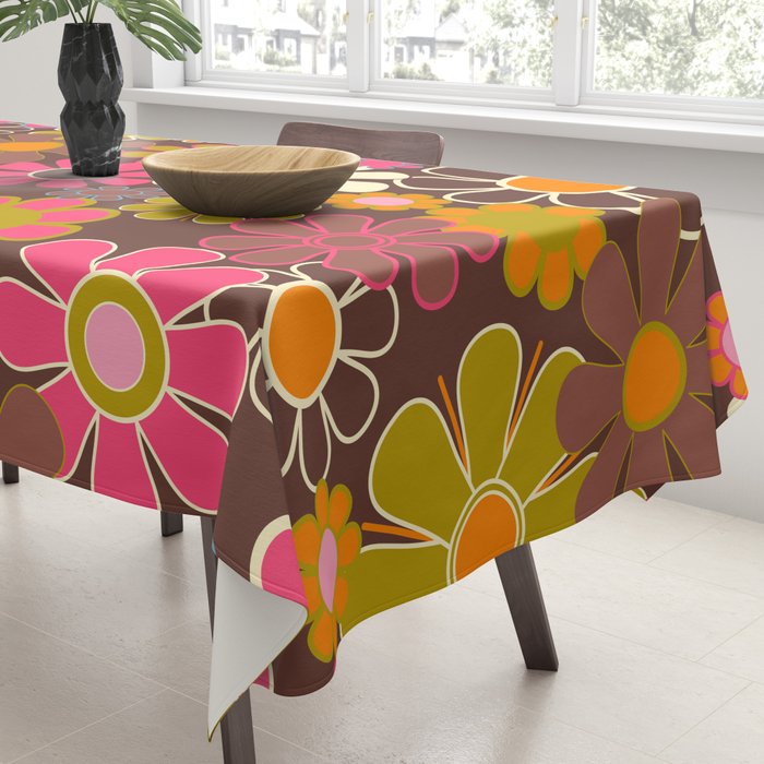 Groovy Retro Garden 60s 70s Floral Pattern Brown Avocado Pink Tablecloth Gallery Image 3