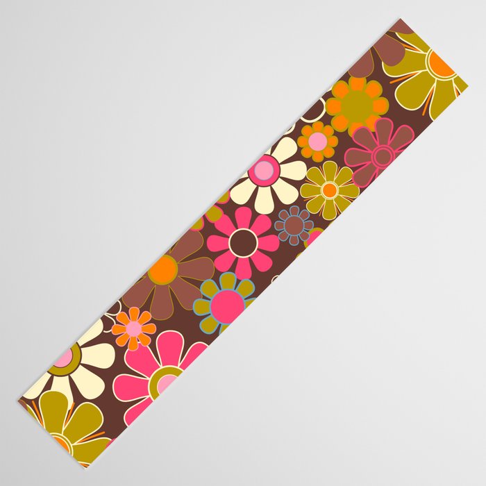 Groovy Retro Garden 60s 70s Floral Pattern Brown Avocado Pink Table Runner Gallery Image 3