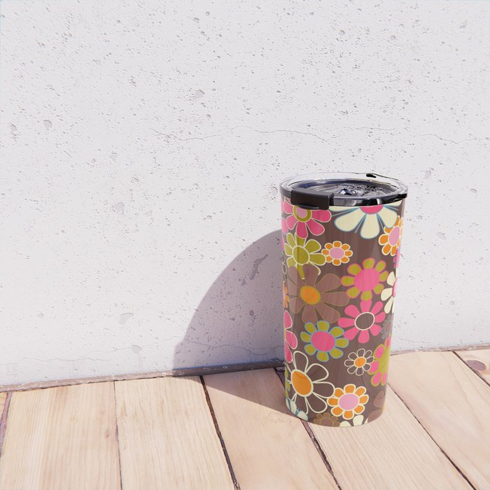 Groovy Retro Garden 60s 70s Floral Pattern Brown Avocado Pink Travel Mug Gallery Image 4