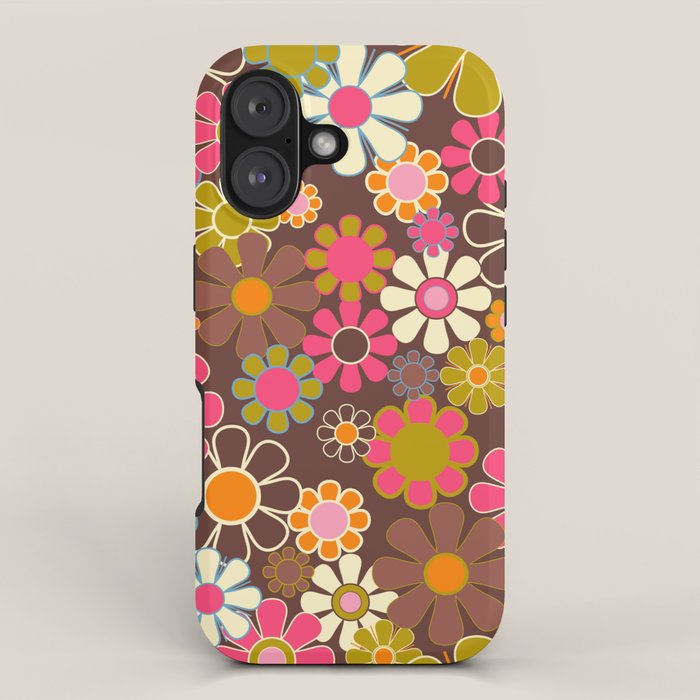 Groovy Retro Garden 60s 70s Floral Pattern Brown Avocado Pink iPhone Case Gallery Image 1