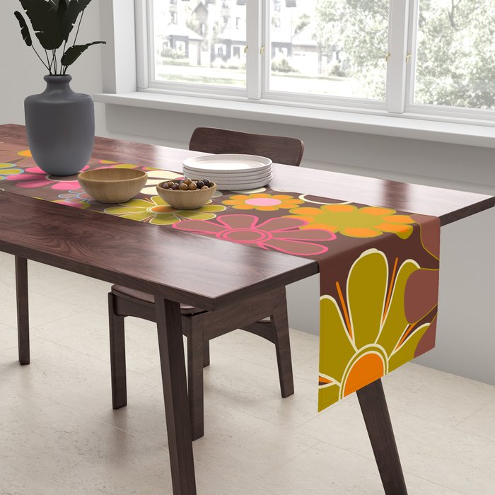 Groovy Retro Garden 60s 70s Floral Pattern Brown Avocado Pink Table Runner Gallery Image 2