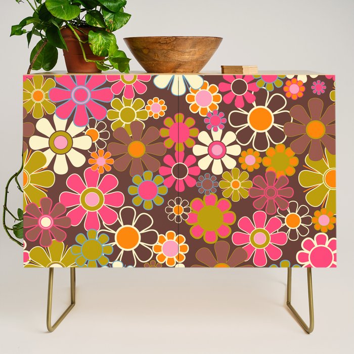 Groovy Retro Garden 60s 70s Floral Pattern Brown Avocado Pink Credenza Gallery Image 1