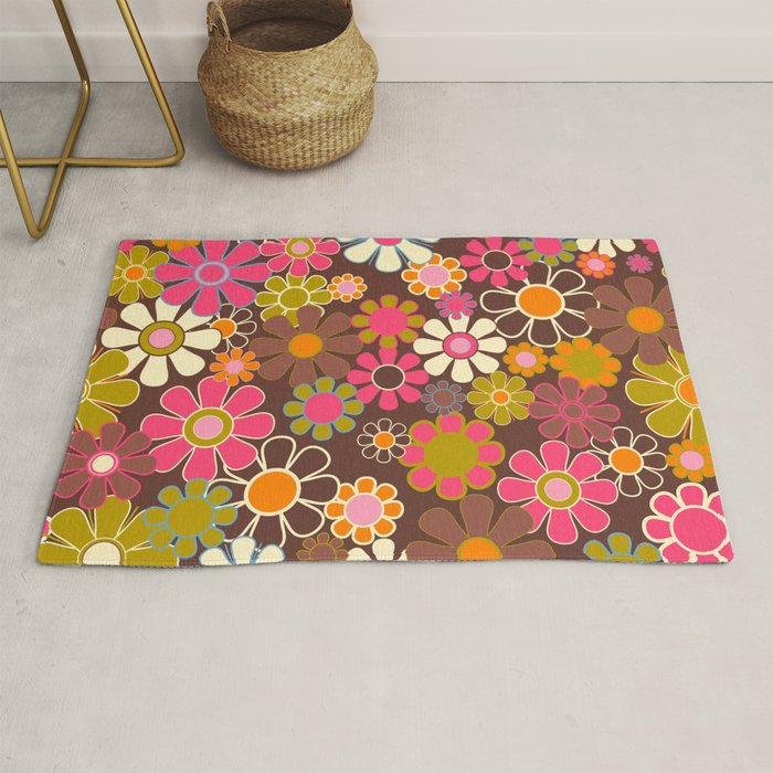 Groovy Retro Garden 60s 70s Floral Pattern Brown Avocado Pink Rug Gallery Image 1