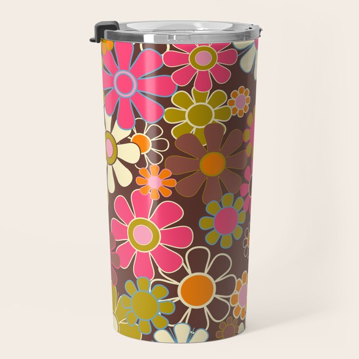 Groovy Retro Garden 60s 70s Floral Pattern Brown Avocado Pink Travel Mug Gallery Image 3