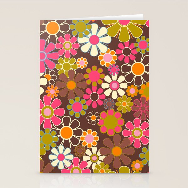 Groovy Retro Garden 60s 70s Floral Pattern Brown Avocado Pink Stationery Card Gallery Image 2