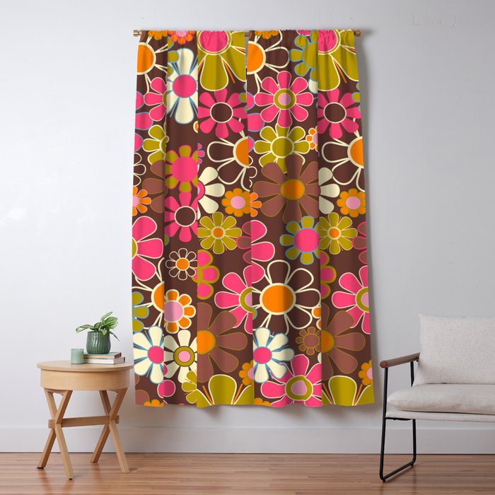 Groovy Retro Garden 60s 70s Floral Pattern Brown Avocado Pink Window Curtain Gallery Image 5