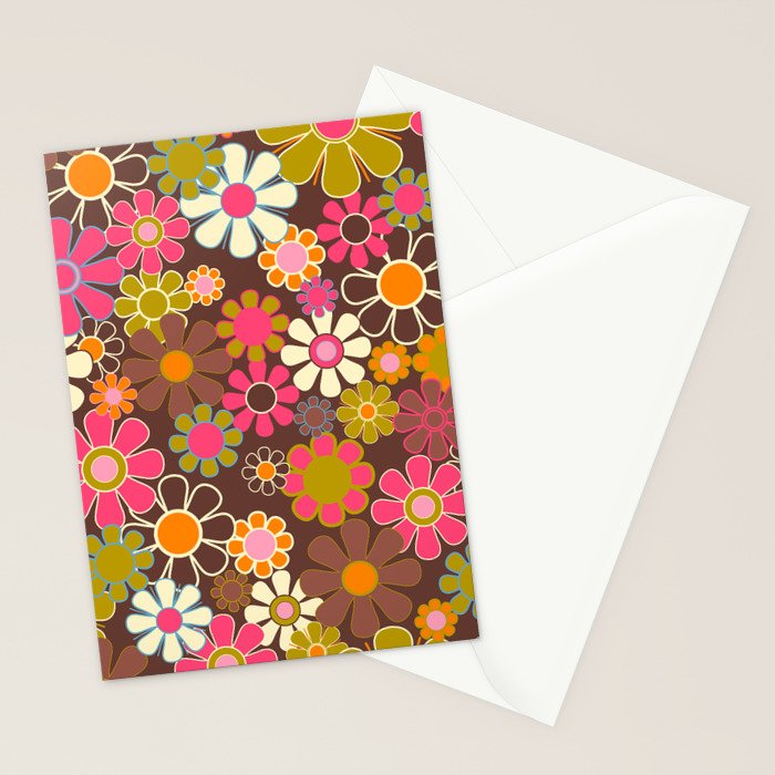 Groovy Retro Garden 60s 70s Floral Pattern Brown Avocado Pink Stationery Card Gallery Image 2