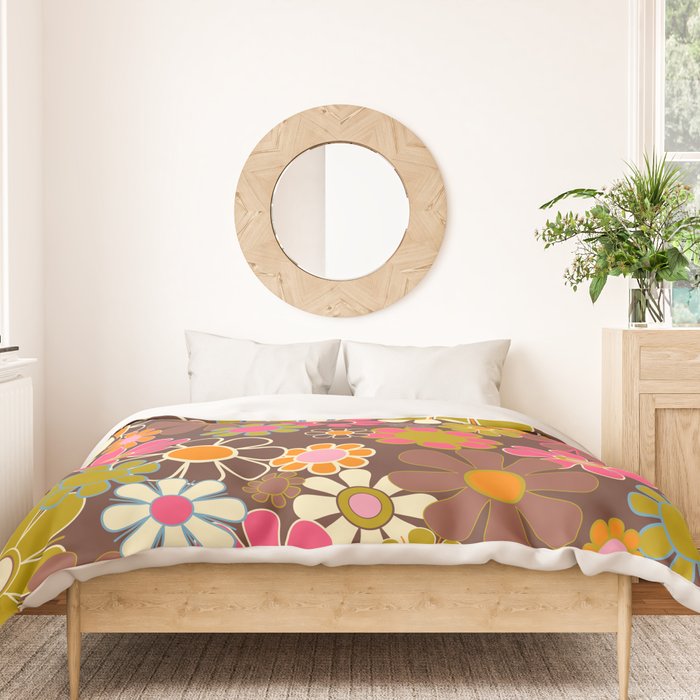Groovy Retro Garden 60s 70s Floral Pattern Brown Avocado Pink Duvet Cover Gallery Image 3