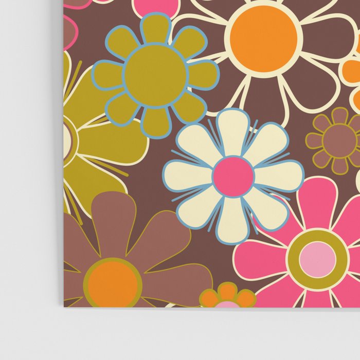 Groovy Retro Garden 60s 70s Floral Pattern Brown Avocado Pink Poster Gallery Image 3