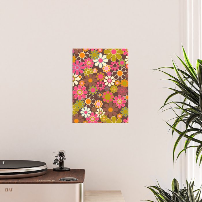 Groovy Retro Garden 60s 70s Floral Pattern Brown Avocado Pink Poster Gallery Image 2