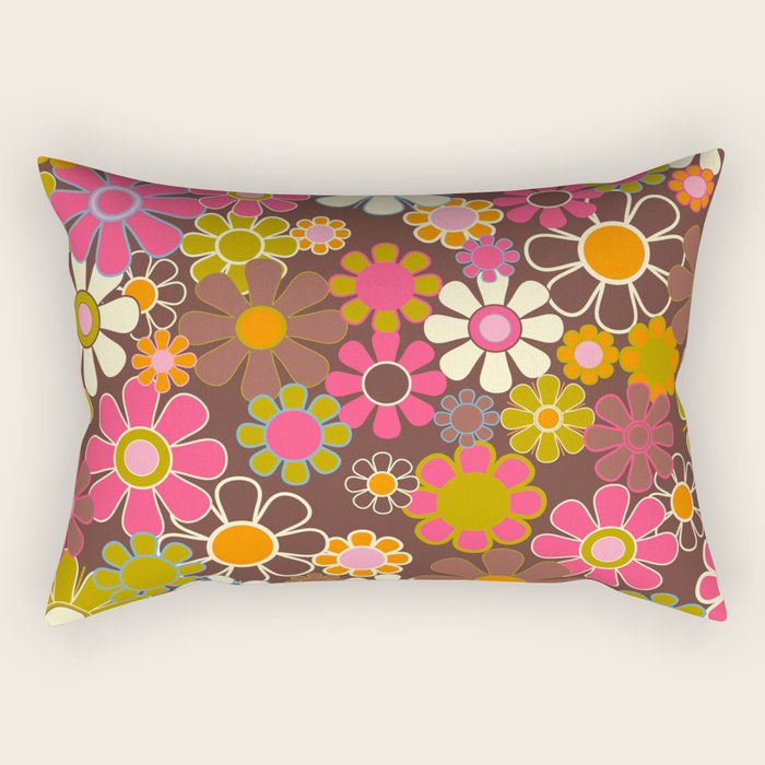 Groovy Retro Garden 60s 70s Floral Pattern Brown Avocado Pink Rectangular Pillow Gallery Image 1