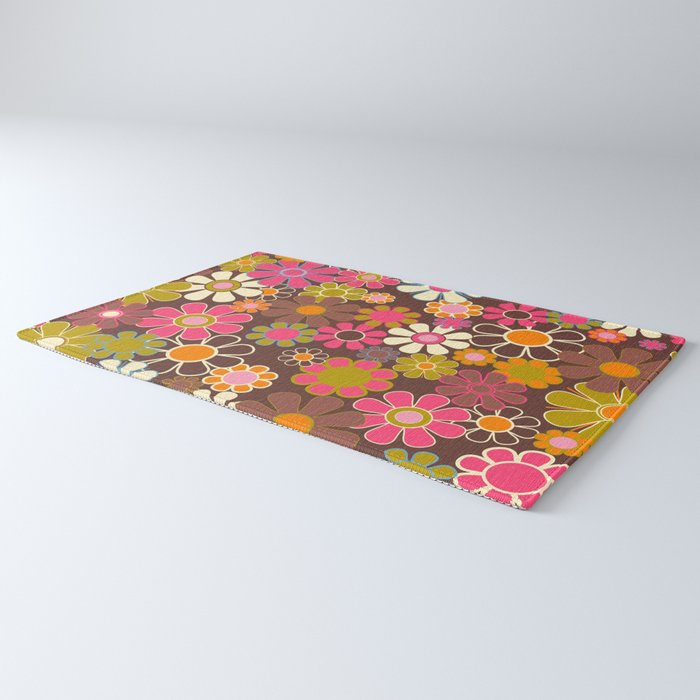 Groovy Retro Garden 60s 70s Floral Pattern Brown Avocado Pink Rug Gallery Image 3