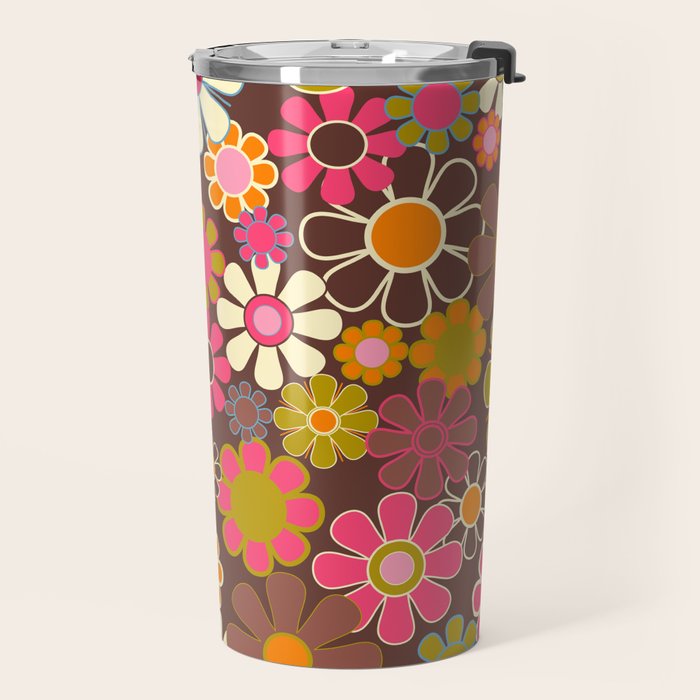 Groovy Retro Garden 60s 70s Floral Pattern Brown Avocado Pink Travel Mug Gallery Image 2