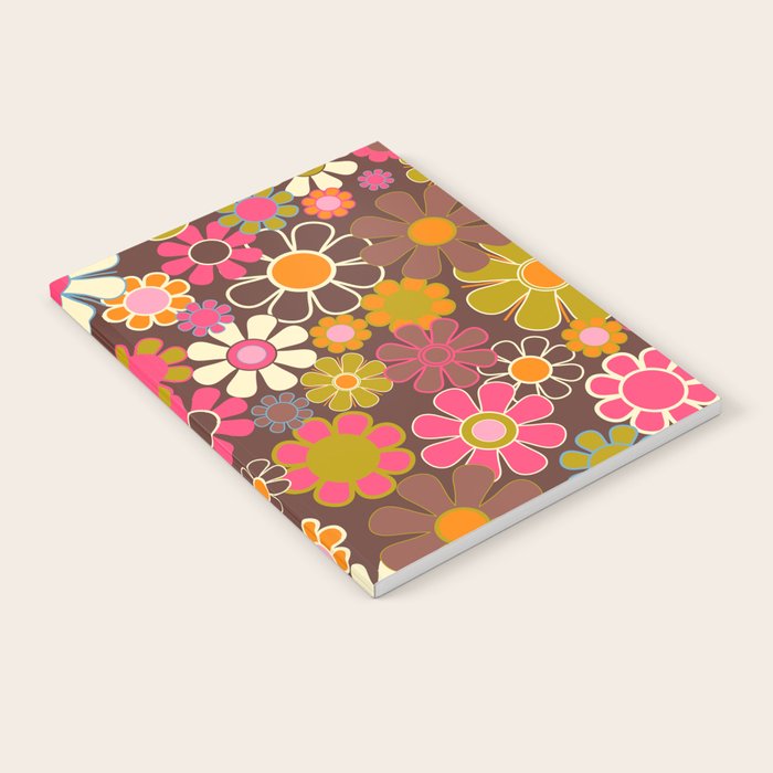 Groovy Retro Garden 60s 70s Floral Pattern Brown Avocado Pink Notebook Gallery Image 1