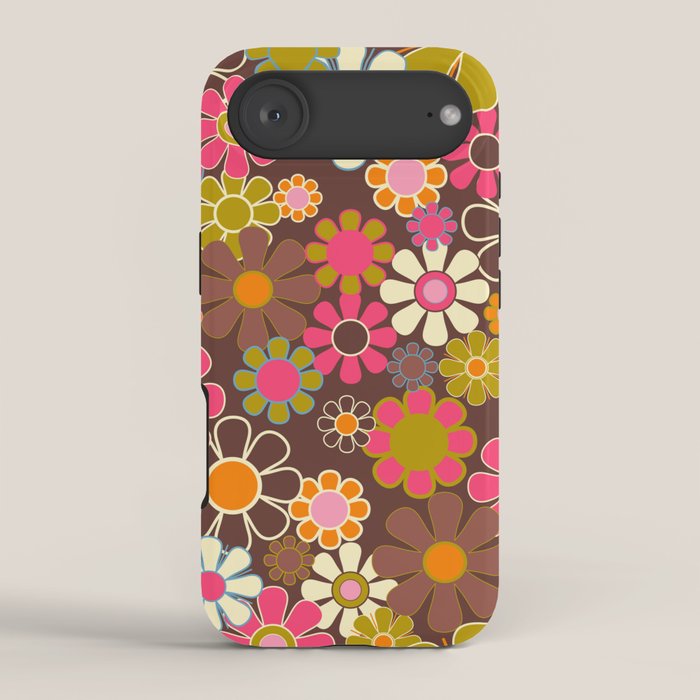 Groovy Retro Garden 60s 70s Floral Pattern Brown Avocado Pink iPhone Case Gallery Image 2
