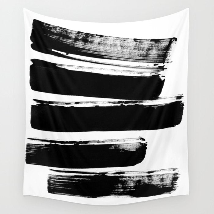 Stripes Black & White Minimalist Abstract Mid century Ink Art Dark Brush Strokes Wall Tapestry Gallery Image 1