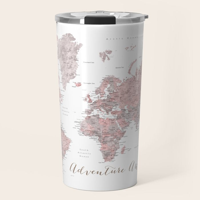 World map in dusty pink & grey watercolor, Adventure awaits Travel Mug Gallery Image 1