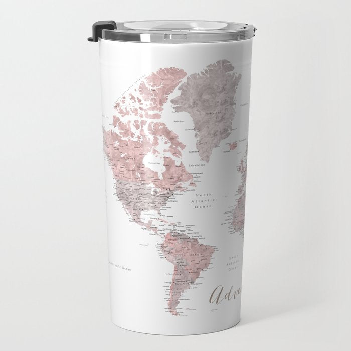 World map in dusty pink & grey watercolor, Adventure awaits Travel Mug Gallery Image 3