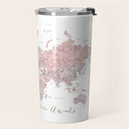 World map in dusty pink & grey watercolor, Adventure awaits Travel Mug Gallery Image 2