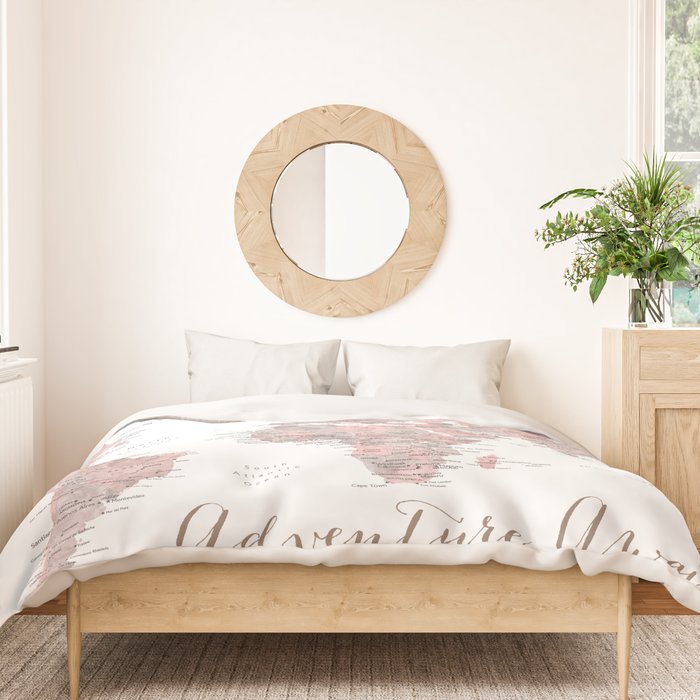 World map in dusty pink & grey watercolor, Adventure awaits Duvet Cover Gallery Image 3
