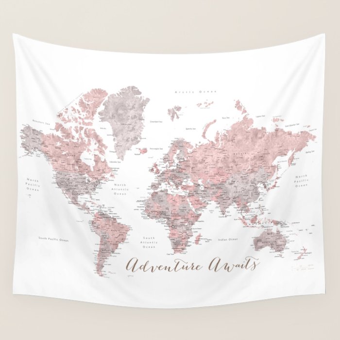 World map in dusty pink & grey watercolor, Adventure awaits Wall Tapestry Gallery Image 4