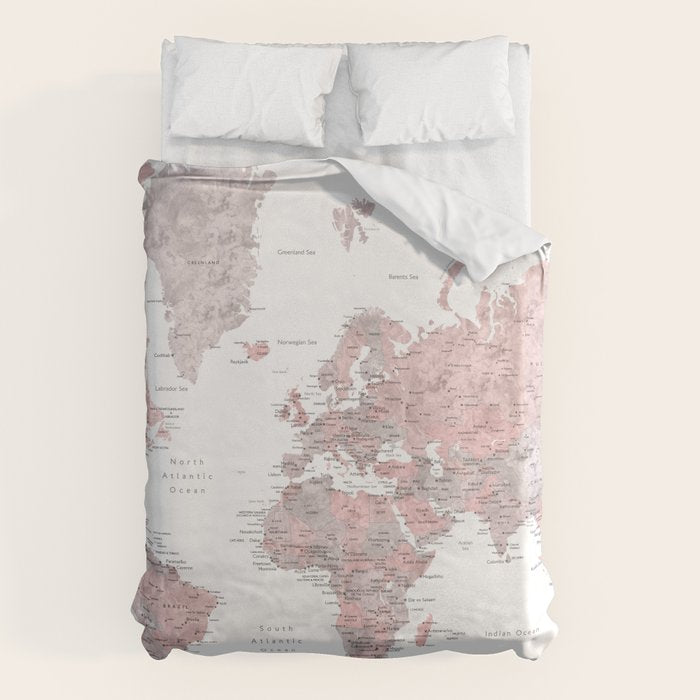 World map in dusty pink & grey watercolor, Adventure awaits Duvet Cover Gallery Image 6