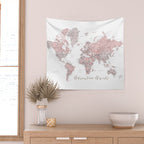 World map in dusty pink & grey watercolor, Adventure awaits Wall Tapestry Gallery Image 2
