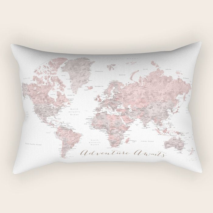 World map in dusty pink & grey watercolor, Adventure awaits Rectangular Pillow Gallery Image 1