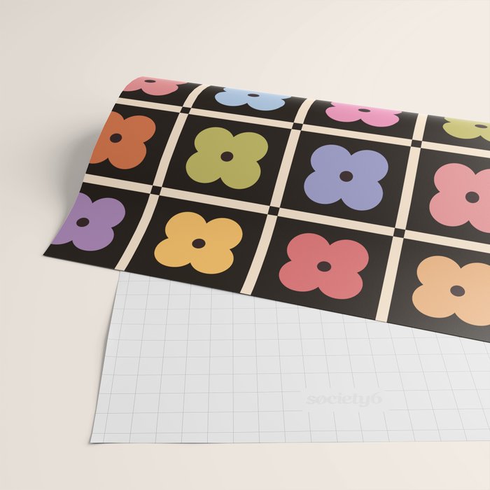 Colorful Flowers and Black & White Patchwork Gingham  Wrapping Paper Gallery Image 2