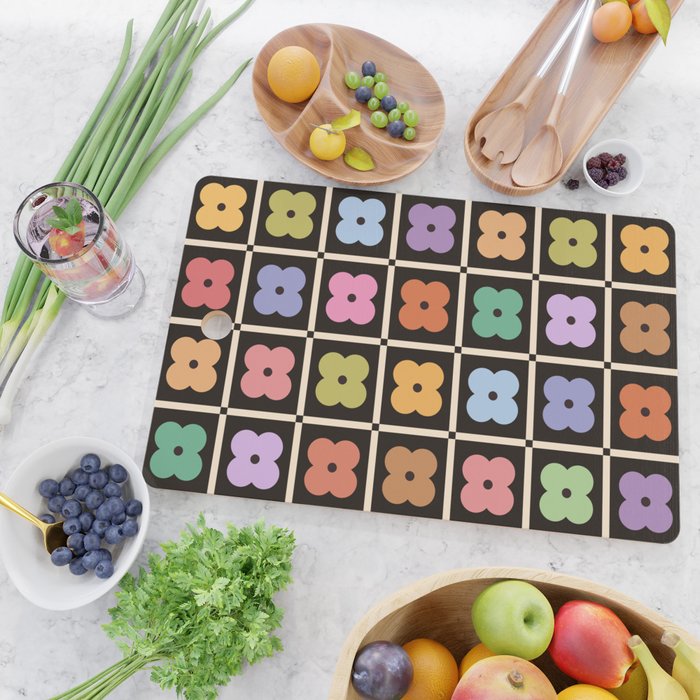 Colorful Flowers and Black & White Patchwork Gingham  Cutting Board Gallery Image 2