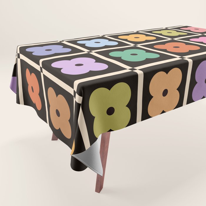 Colorful Flowers and Black & White Patchwork Gingham  Tablecloth Gallery Image 1