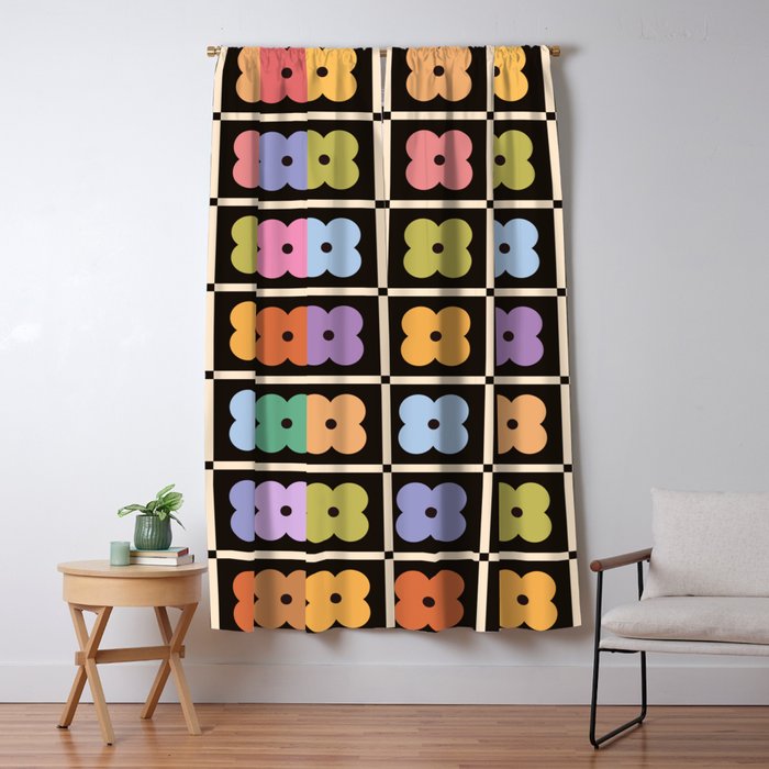 Colorful Flowers and Black & White Patchwork Gingham  Window Curtain Gallery Image 1