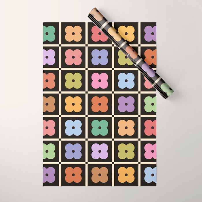 Colorful Flowers and Black & White Patchwork Gingham  Wrapping Paper Gallery Image 1