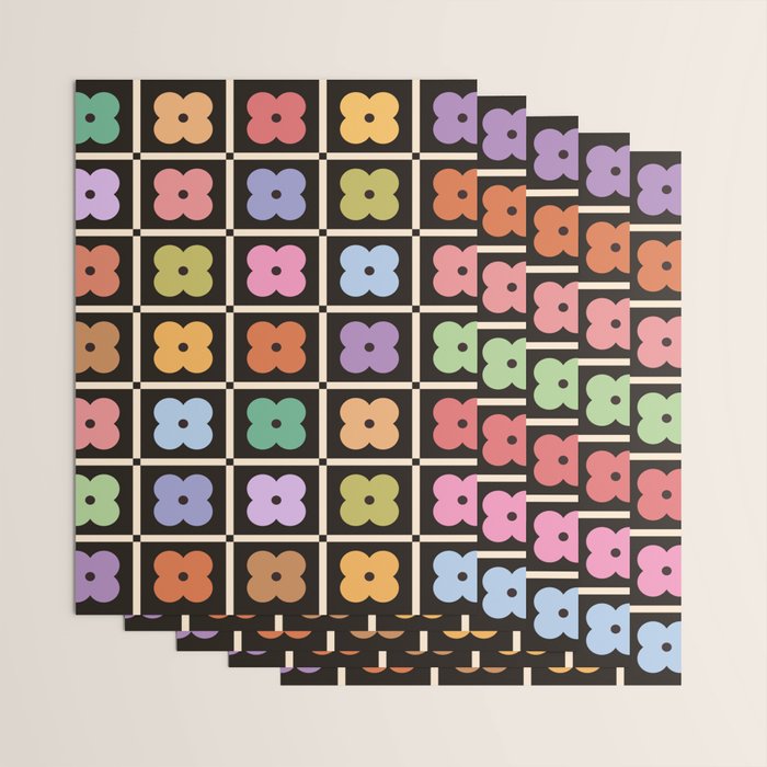 Colorful Flowers and Black & White Patchwork Gingham  Wrapping Paper Gallery Image 3