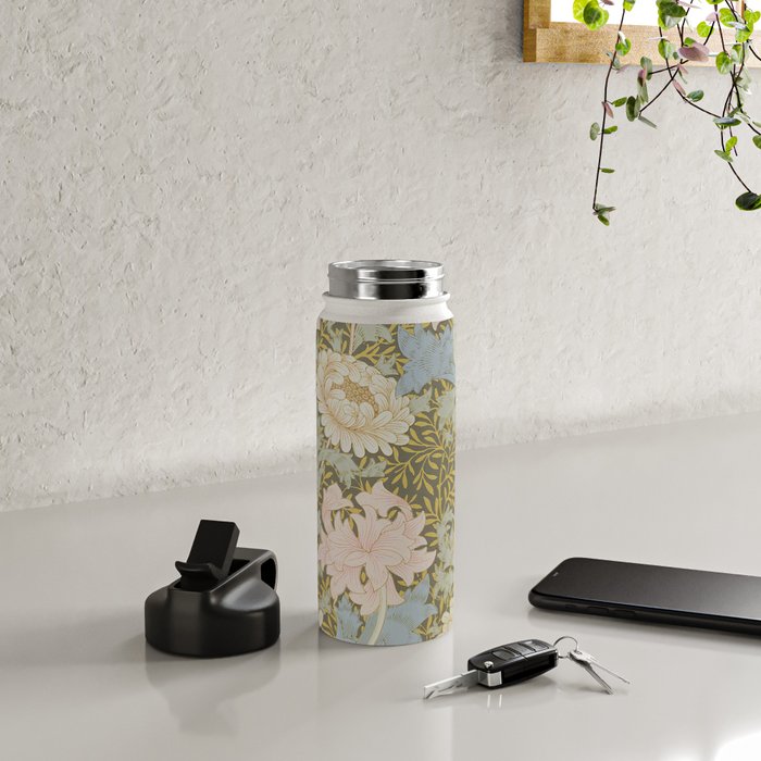 William Morris Vintage Chrysanthemum Pastel Pink Gold Blue 1876  Water Bottle Gallery Image 4