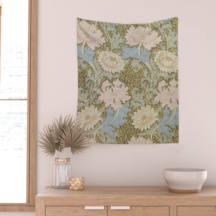 William Morris Vintage Chrysanthemum Pastel Pink Gold Blue 1876  Wall Tapestry Gallery Image 2