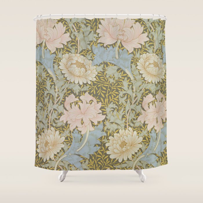 William Morris Vintage Chrysanthemum Pastel Pink Gold Blue 1876  Shower Curtain Gallery Image 1