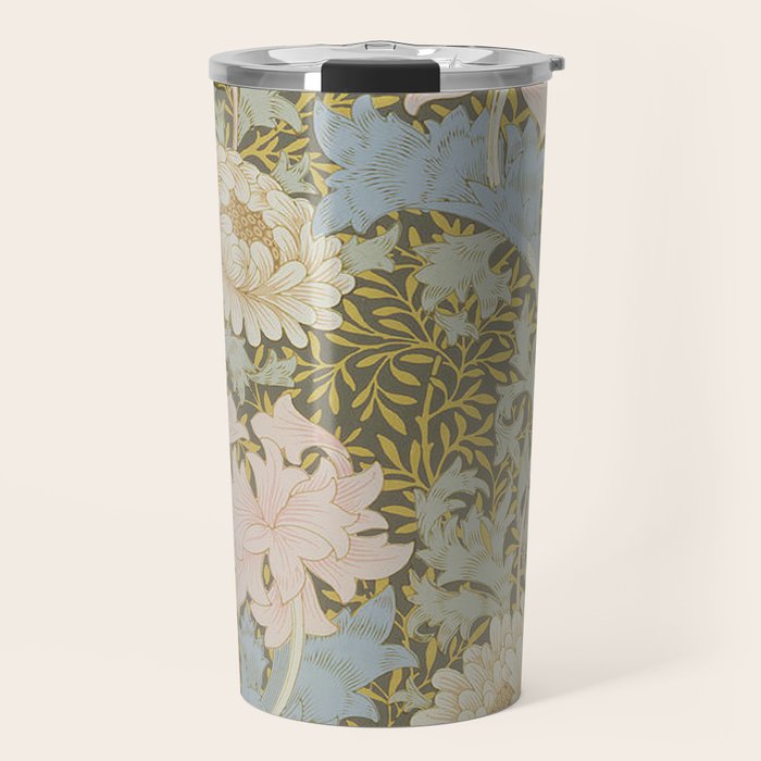 William Morris Vintage Chrysanthemum Pastel Pink Gold Blue 1876  Travel Mug Gallery Image 1